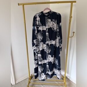 H&M Monochrome Abstract Long Sleeve Button Maxi Dress Women Med